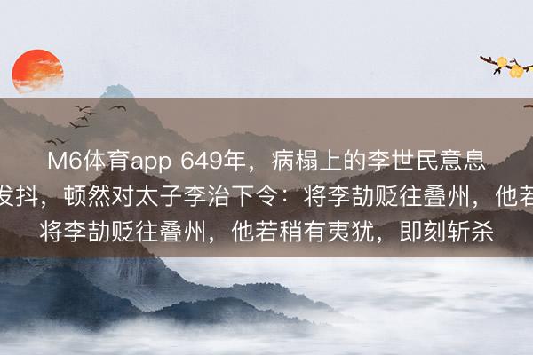 M6体育app 649年，病榻上的李世民意息幽微，看着奏折周身发抖，顿然对太子李治下令：将李劼贬往叠州，他若稍有夷犹，即刻斩杀